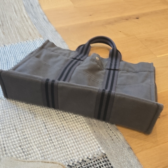Hermes Gray Canvas Tote Black Stripes, GUC, Quiet Luxury, French Chic, Unisex - Picture 3 of 9